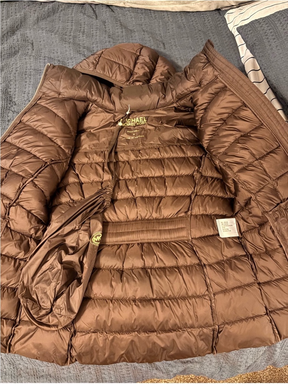 Michael Kors Brown Quilted Packable Puffer Jacket with Hood